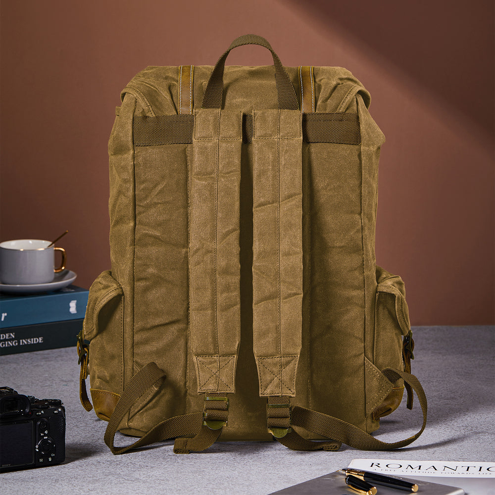 Coffee | Coffee waxed canvas rucksack rear straps
