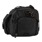 Black | Black waxed canvas duffel end view with zippered storage