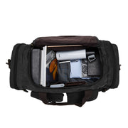 Black | Black weekender duffel open top view with organized interior