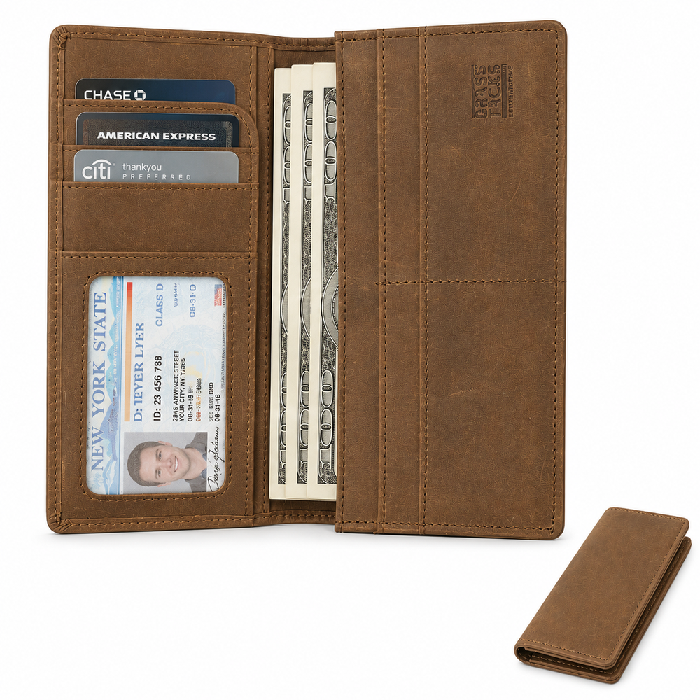 Light Brown | Hudson long leather wallet open with card slots cash compartments and photo window
