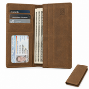 Light Brown | Hudson long leather wallet open with card slots cash compartments and photo window

