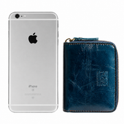 Blue | Blue full-grain leather card wallet lifestyle view