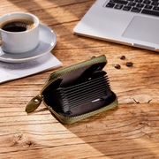 Green | Green leather card wallet size comparison with phone