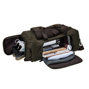 Green | Olive green duffel with packed shoe section and organized main storage