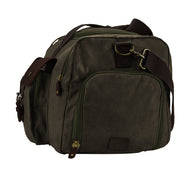 Green | Olive green waxed canvas duffel end view with zippered storage