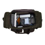 Green | Olive green weekender duffel open top view with packed interior